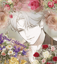 a picture of a man surrounded by flowers with the words good morning written below him