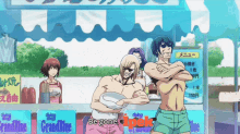 a group of cartoon characters standing in front of a sign that says grandblue