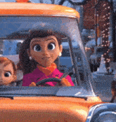 a woman is driving a car with a baby in the back seat .