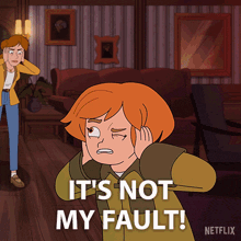 a cartoon character says it 's not my fault in front of a man