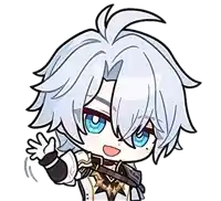 a cartoon character with white hair and blue eyes waves his hand