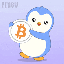 a penguin is holding a coin with a b on it