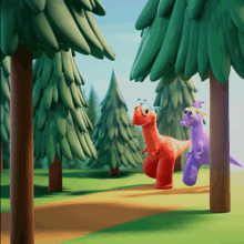 a red dinosaur and a purple dinosaur in a forest