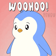 a cartoon penguin says woohoo with its arms up
