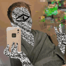 a person is taking a selfie with their phone and their face is covered in white dots