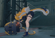 a cartoon character is standing next to a large object that says ' explosion ' on it