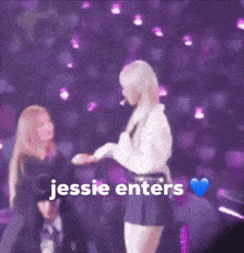 a purple background with the words jessie enters above a woman