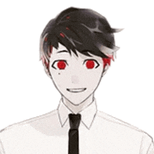 a drawing of a man in a white shirt and tie with red eyes and a ponytail .