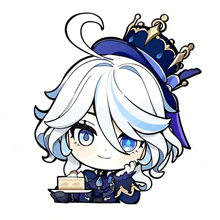 a cartoon character with a crown on his head holding a piece of cake