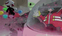 a couple of cartoon characters are standing next to each other on a pink background .