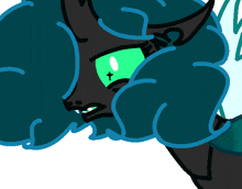 a cartoon drawing of a horse with green eyes