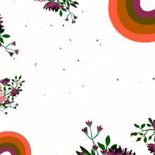 a green square with arabic writing on it is surrounded by colorful flowers