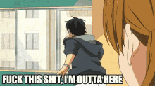 a cartoon of a man looking out a window with the words " fuck this shit i 'm outta here " below him