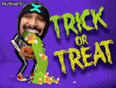 a man vomiting candy corn with trick or treat written in the background