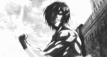a black and white drawing of eren from attack on titan standing in front of a castle .