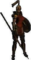 a woman in armor holding a spear and shield