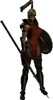 a woman in armor holding a spear and shield