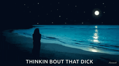 a woman is standing on a beach at night with the words thinkin bout that dick below her