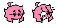 two pink pigs with braces on their teeth are standing next to each other