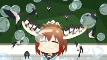 a girl is surrounded by birds and bubbles while a nest is on her head