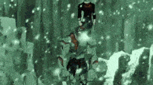 a group of people are standing in the snow in a cave .