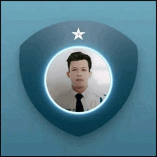 a man in a white shirt and black tie is in a blue shield with a star on it