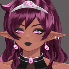 a close up of a girl with purple hair and pink eyes