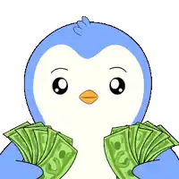 a cartoon penguin is holding a bunch of money