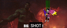 a man and a woman are standing next to each other with the words big shot on the bottom right