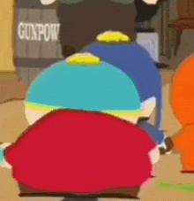 a group of south park characters are standing next to each other in front of a gun pow sign .