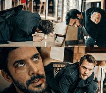 a man with a beard is laying on the floor with his eyes closed