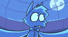 a cartoon of a blue cat with big eyes making a face