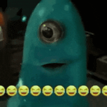 a blue monster with one eye is surrounded by smiley faces and laughing emojis .
