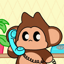 a cartoon of a monkey talking on a blue phone