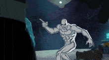 a cartoon drawing of a silver surfer pointing at something