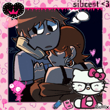 a picture of a man and a woman with a hello kitty in the background