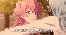 a girl with pink hair is hugging another girl with the words i miss you selene written on the bottom