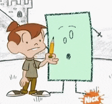 a cartoon boy is holding a pencil in front of a drawing of a square with a face on it .