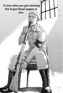 a black and white drawing of a man holding a gun with the caption yo bro who you got winning the super bowl