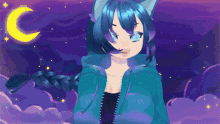 a pixel art drawing of a girl with blue hair and a braid