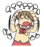 a cartoon of a girl screaming with her hands on her head and hearts around her .