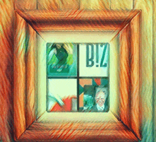 a picture in a wooden frame with biz written on it