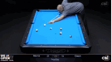 a man is playing pool on a diamond pool table sponsored by csi