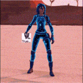 a video game character is standing in front of a true icon
