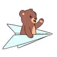 a brown teddy bear is flying in a paper airplane