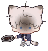 a drawing of a cat holding a pan and spatula