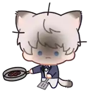 a drawing of a cat holding a pan and spatula