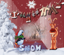 a penguin and a reindeer are standing in front of a red wall with the word snow on it