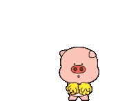 three pigs are standing next to each other in a row wearing yellow pom poms .
