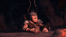 a cartoon character has horns on his head and is holding a log